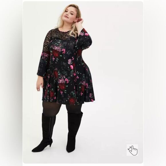 Torrid Super Soft Black Floral Lace Bell Sleeve Dress - Picture 1 of 8